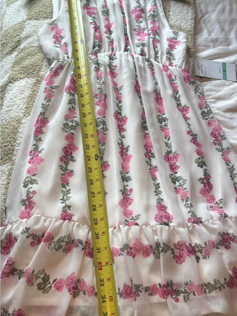 Maison Tara White Midi Dress with Pink Floral Print